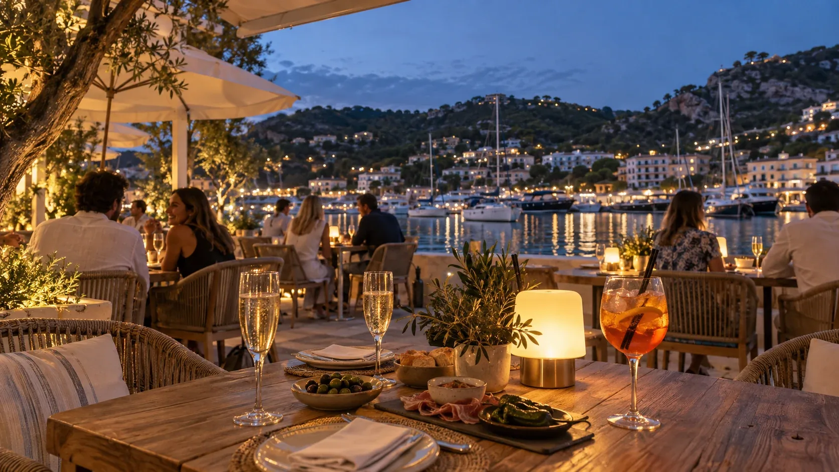 Illustrative waterfront restaurant terrace with cocktails and harbour views, inspired by Port d’Andratx