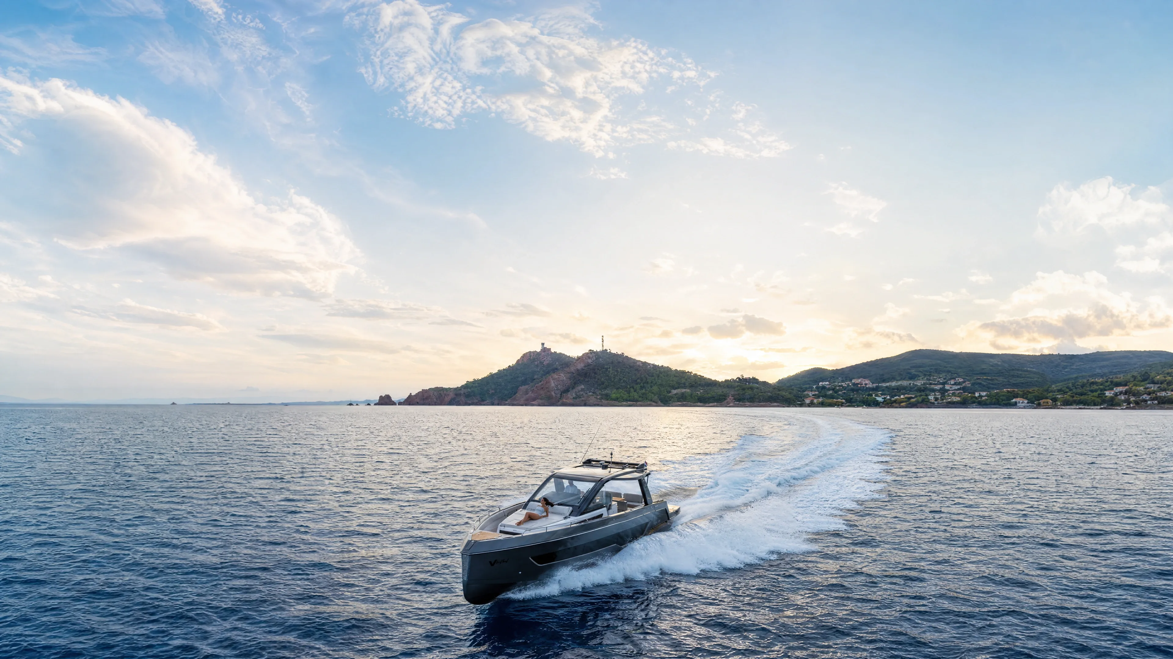 The navy Schaefer V44 underway on the Mediterranean